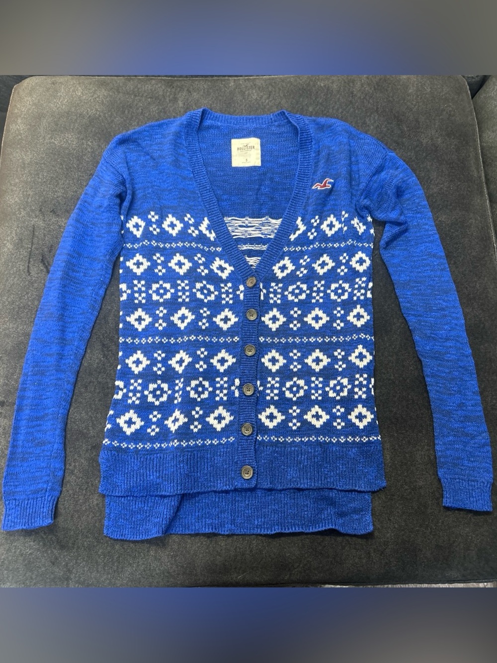 Hollister Royal Blue and White Nordic V-Neck Button Cardigan